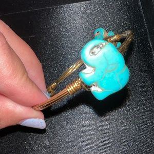Real turquoise bracelet, 3 elephants wire wrap bracelet, gold colored bangle